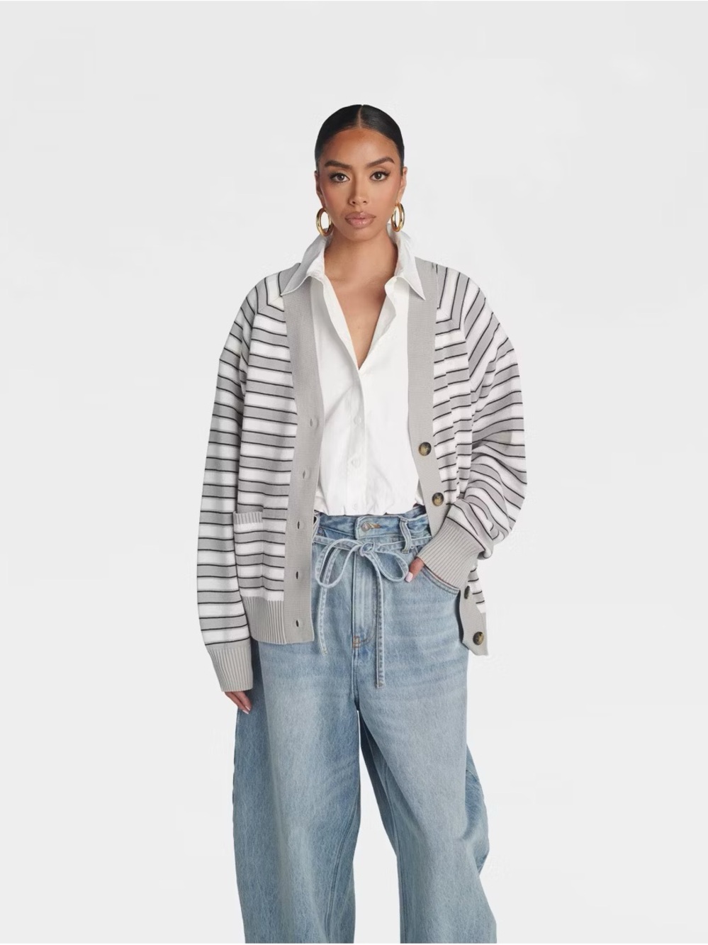KBB by KAHLANA Women's 'The Grandpa Cardi Sweater' Gray Striped